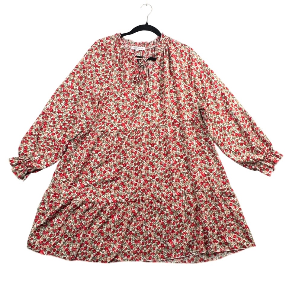 Miss Sparkling Floral Mini Dress L Red Tiered Babydoll Boho Prairie Cottagecore